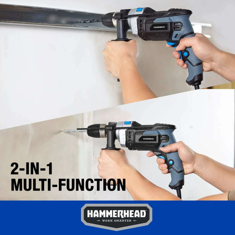 Hammerhead 7.5-Amp 1/2-in variable-speed hammer drill with 6-bit set; blue and black corded drill shown in two views.