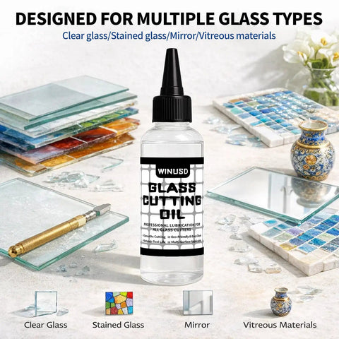 Pro Grade Glass Cutting Oil For All Cutting Tools bottle with various glass types: stained glass, mirror, and tiles