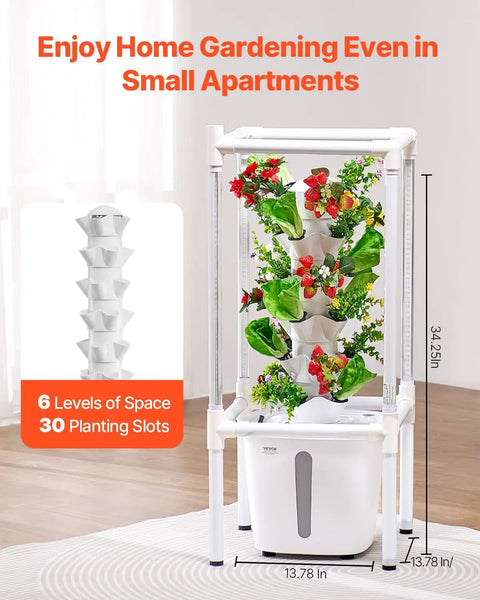 Compact 6 Tier Hydroponic Tower With Grow Lights 30 Pods Indoor Garden Kit For Herbs Veggies And Fruit Space Saving Vertical Grow System With Water Pump For Kitchens And Small Apartments shown in living room setup