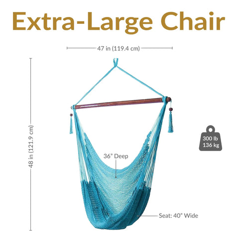 Sky Blue Caribbean XL Outdoor Hammock Chair Swing For Reading And Relaxing, Indoor Or Patio Lounger, 300 Lb Capacity, Durable Polyester Rope, Comfortable Hanging Hammock Seat