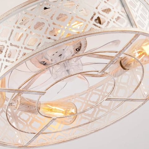 20" Low Profile Flush Mount Ceiling Fan with Remote, Vintage White Floral Caged Ceiling Fan Light showing metal frame and bulbs.