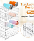 Heavy Duty Four Tier Water Bottle Organizer Rack With Hella Spacious Compartments For Stress Free Beverage Storage In Garage Kitchen Or Pantry Totally Fits Up To Thirty Two Oz Bottles Daily showing stackable design with colorful bottles.