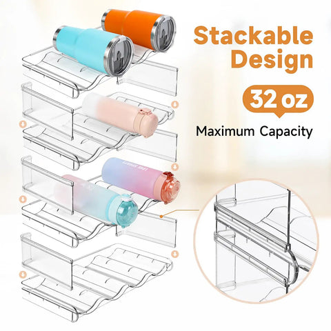 Heavy Duty Four Tier Water Bottle Organizer Rack With Hella Spacious Compartments For Stress Free Beverage Storage In Garage Kitchen Or Pantry Totally Fits Up To Thirty Two Oz Bottles Daily showing stackable design with colorful bottles.