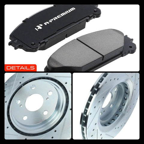 Straight Up Heavy Duty Front Brake Rotors And Ultra Low Dust Ceramic Pads Kit For Lexus Nx Rx Toyota Highlander Sienna 12 Point 91 Inch Backroad Ready Complete Swap close-up of brake pads and drilled rotors