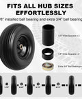 No Flat 13 Inch 4.00-6 Wheelbarrow Tire And Wheel 2 Pack, black tire with 5/8 and 3/4 bearings, spacers shown