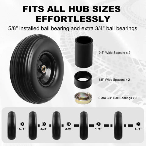 No Flat 13 Inch 4.00-6 Wheelbarrow Tire And Wheel 2 Pack, black tire with 5/8 and 3/4 bearings, spacers shown