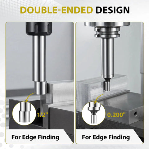 Double End Edge Finder With 0.200 Inch And 0.500 Inch Contact Tips For Precision Milling Setup A Handy Reliable Tool For Machinists To Fast Edge Locate During Milling Durable Easy To Use For Quick Calibrations In The Shop, double-ended edge finding shown in 1/2" and 0.200" tip views