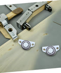 Set Of Four Adjustable Door Wheel Rollers For Sliding Closet Barn Doors With Heavy Duty Silent Pulleys on wooden surface