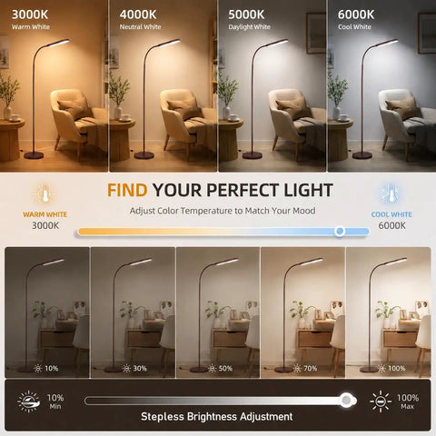 LED floor lamp showing 3000K to 6000K color temperature adjustments and brightness settings, living room example, ideal reading lamp