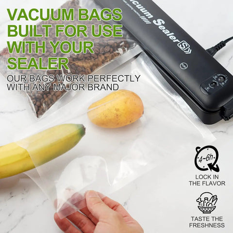 Single-Ply Vacuum Sealer Bags 6x10 Inch Quart Size Pro Grade showing banana and mango inside bag, demonstrating storage use