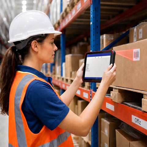 Woman scanning barcode with Tough As Nails Eight Inch Rugged Android Tablet With Integrated 1D 2D Barcode Scanner in warehouse.