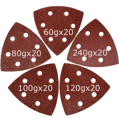 3.5 Inch Triangular Oscillating Multi Tool Sanding Pads With Hook And Loop Aluminum Oxide Assorted Grits 60 80 100 120 240 20 Pieces Each Pack Of 100 Pro Grade For Fast Wood Smoothing And Fine Finishes