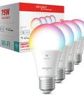 Bright 1050 Lumen Smart RGB LED Bulbs With No Hub Needed For Alexa And Google Assistant E26 A19 Dimmable 75W Equivalent RGB Color Changing Light Bulbs 4 Pack with packaging