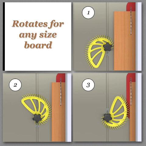 Badass Table Saw Safety Kit Featuring A Spiral Featherboard Paired With A Rock Solid Miter Clamp Built For Contractor Saws And Hassle Free One Handed Woodworking Adjustments Daily, showing adjustable yellow featherboard for different board sizes.