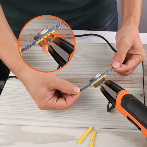 Person using Mini Heat Gun for Crafts and DIY Projects, 350W Hot Air Gun Reaching 662 Fahrenheit with Reflector Nozzle on cables.