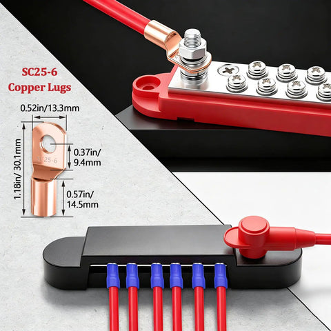 12V 150A Marine Bus Bar Power Block With 1/4 Inch Studs, DC battery distribution block with copper lugs