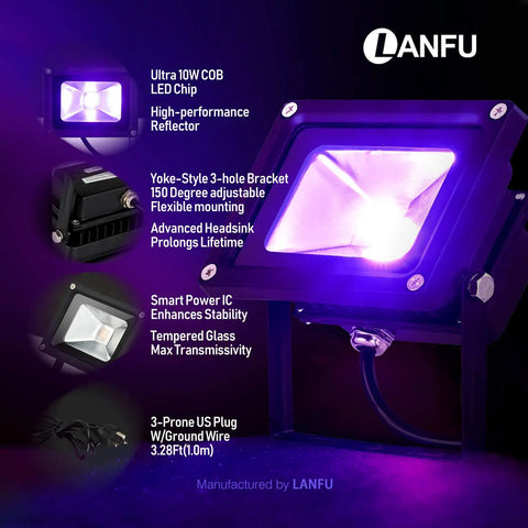 Two Pack 10W UV Black Light Flood Lamps With Plug Waterproof IP65, showcasing design and features.