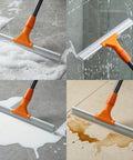 Silicone Floor Squeegee For Shower Glass Tiles Garage Floors And Windows No Streaks Flexible Wiper Pet Hair Remover Heavy Duty Easy Clean Multi Surface Tool with Compact Storage displayed in various cleaning scenarios on tiles and glass.