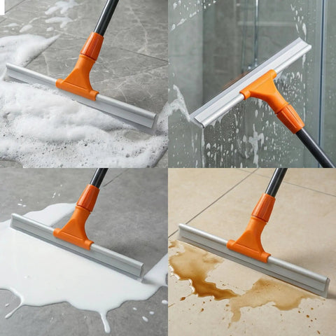 Silicone Floor Squeegee For Shower Glass Tiles Garage Floors And Windows No Streaks Flexible Wiper Pet Hair Remover Heavy Duty Easy Clean Multi Surface Tool with Compact Storage displayed in various cleaning scenarios on tiles and glass.