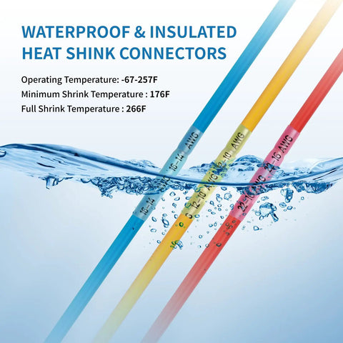 Heat Shrink Butt Connectors crossing water, showing temperature ranges and insulation properties.