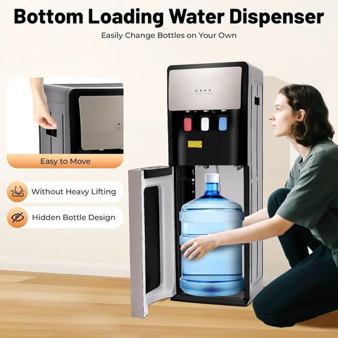 Person loading 5-gallon bottle into All In One 5 Gallon Bottom Load Water Dispenser With Hot Cold And Room Temperature Water 500 Watt Heating And Child Safety Lock Standing Water Cooler For Home And Office Champagne Gold