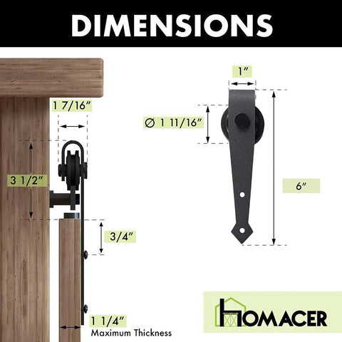 Dimensions of Mini Black Rustic Sliding Barn Door Hardware Kit For Two Doors with arrow rollers and 66 inch flat track