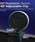 360° rotatable joint and 180° adjustable clip of Hella Crisp 4K Webcam For PC With Built In Mic And Soft Ring Light.