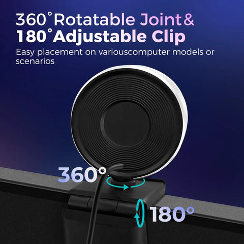 360° rotatable joint and 180° adjustable clip of Hella Crisp 4K Webcam For PC With Built In Mic And Soft Ring Light.