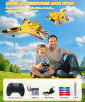 Father and son playing with F22 RC Plane Jet For Beginners And Kids, Easy To Fly Foam Glider With Gyro Stabilization, Yellow
