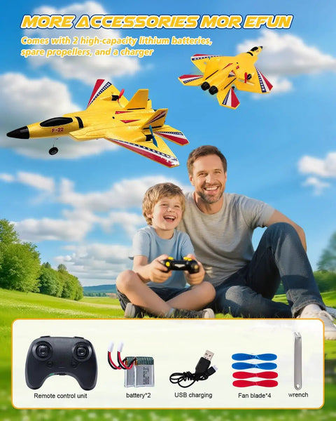 Father and son playing with F22 RC Plane Jet For Beginners And Kids, Easy To Fly Foam Glider With Gyro Stabilization, Yellow