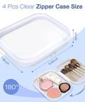 Clear Hard Shell Zipper Case Set, 4 Pack Grab-and-Go Storage Pouches shown from above with dimensions 9.8x7.9x2 inches.