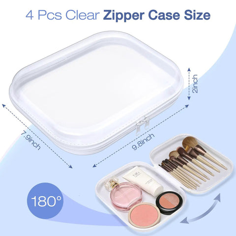 Clear Hard Shell Zipper Case Set, 4 Pack Grab-and-Go Storage Pouches shown from above with dimensions 9.8x7.9x2 inches.