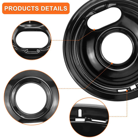 Stove Top Covers And Porcelain Burner Drip Pans Set For Electric Stoves Includes 2 Large 8 Inch Pan Covers And 2 Small 6 Inch Pan Covers In Black Ceramic Easy Clean Cooktop Shield 4 Piece Replacement, close-up