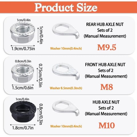 Must Have Mountain Bike Axle Nut And Safety Washer Kit With M8 M9.5 M10 Nuts And Washers For Front And Rear Wheels, product size guide
