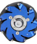 4in mecanum wheel with blue aluminum body, TPU rollers, and black tire (front view)