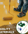 Worker using Four Piece Nine Inch Spiked Roller Set For Self Leveling Concrete And Epoxy Floors With Spike Shoes and Gloves