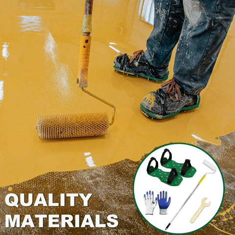 Worker using Four Piece Nine Inch Spiked Roller Set For Self Leveling Concrete And Epoxy Floors With Spike Shoes and Gloves