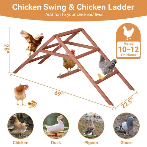 Wooden Chicken Perch And Roosting Bars For 10 To 12 Chickens, 3 Layer Fir Design With Swing, dimensions 69L x 22.5W x 28H