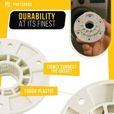 Close-up of Washer Drive Hub Kit Replacement W10528947 W10396887 For Whirlpool Top Load Washers made of tough plastic, held in hand.