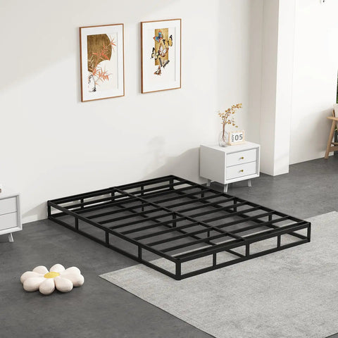 Heavy Duty King Size Box Spring And Mattress Base With Low 7 Inch Profile Solid Metal Frame in modern bedroom setup.