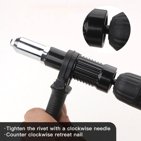 Pop Rivet Gun Adapter Kit for Cordless Drill with focus on ergonomic grip and attachment to drill, Aluminum Alloy Construction