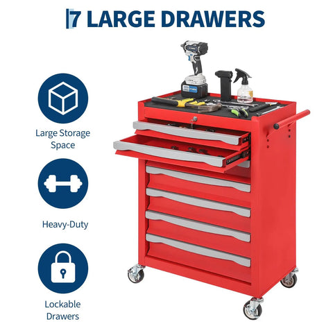 Seven Drawer Rolling Tool Chest With Lock Heavy Duty Modular Steel Toolbox showing open drawers and tools on top