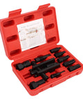 10 Piece Internal Blind Hole Collet Bearing Puller Kit Includes Storage Case Go To For Motorcycle Wheel And Crankshaft Bearing Removal Keeps Force Balanced To Stop Shift Making Maintenance A Breeze For Guys Shredding Engines Or Cars In Garage red case open with black puller parts