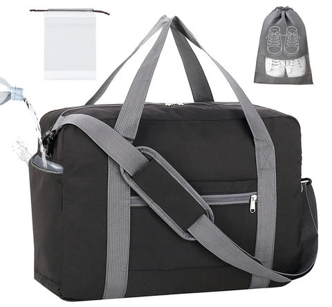 Underseat Personal Item Duffel Bag 18x14x8 Foldable Carry On For Air Travel 25L With Wet Pocket Waterproof Polyester Black