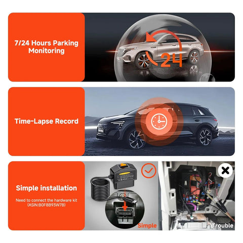 Image showing 24-hour parking monitoring, time-lapse recording, and simple installation of 4K and 1080P Dual Dash Cam With 3.6 Inch IPS Touch Screen Front And Rear Cameras Built In WiFi G Sensor Night Vision Loop Recording Plug And Play Round The Clock Parking Mode Includes 64GB Card For Easy Car Setup.