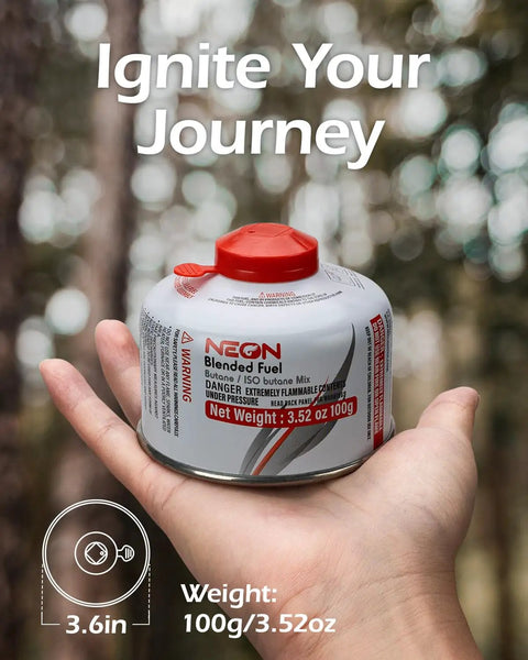 Hand holding Isobutane Camping Fuel Canisters 100g Each, Ultra Portable Gas for Camp Stoves and Lanterns in forest
