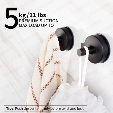 Matte Black Stainless Steel Suction Cup Hooks Set For Shower holding towel and loofah on a bathroom wall