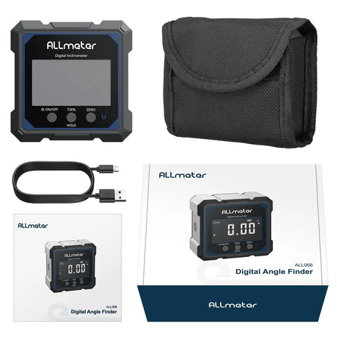 Pro Grade Digital Angle Finder With Laser Magnetic Box Level and accessories including USB-C cable and carrying case.