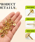 Reliable Heavy Duty Gold Thumb Tacks Boss Level Needlepoint Push Pins held in hand, showcasing flat heads and sharp points.
