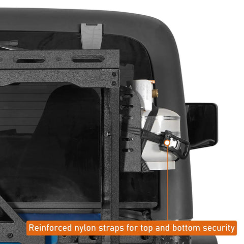 Tailgate Ready Propane Tank Mount Secures Five To Ten Pound Cylinders Grip Tight Quick Release Stainless Bracket with nylon straps.